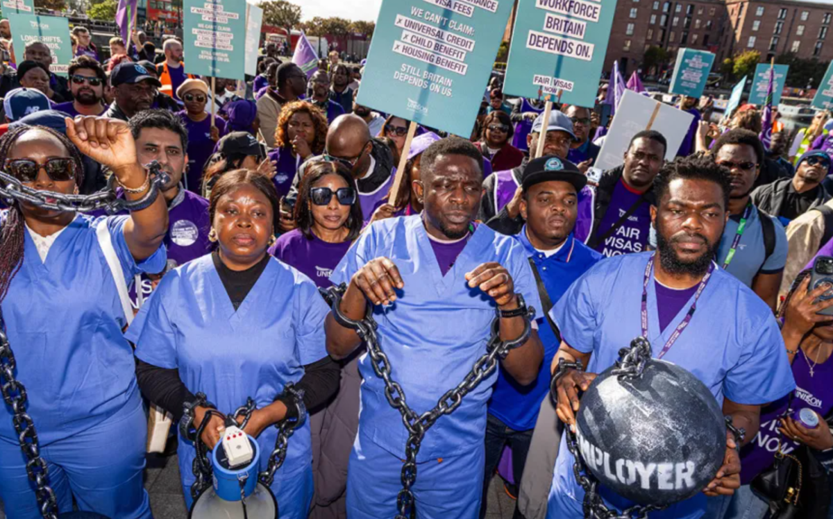 Migrant workers participating in the Fair Visas Now demonstration during the 2026 Labour Party conference