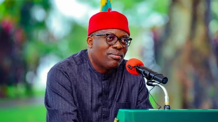 Rivers State Governor Siminalayi Fubara speaking into a microphone