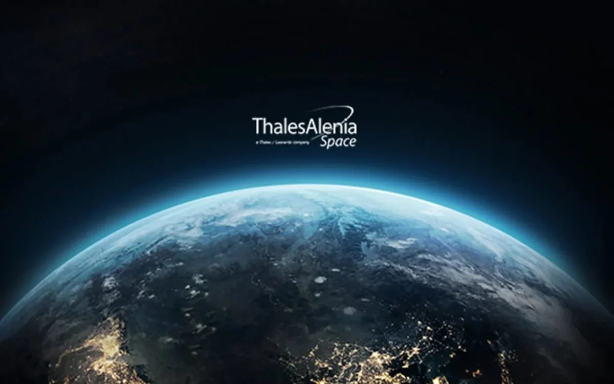 View of Earth from space with the Thales Alenia Space logo above it