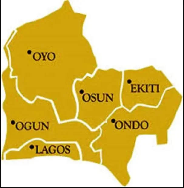 Map of South-West Nigeria showing Lagos, Ogun, Oyo, Osun, Ondo and Ekiti states