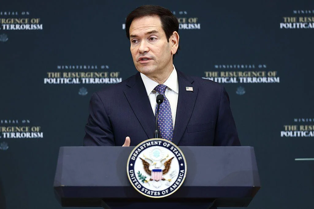 US Secretary of State Marco Rubio speaking at a lectern