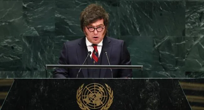 Argentina's President Javier Milei speaking at the 81st United Nations General Assembly in New York on September 23, 2026