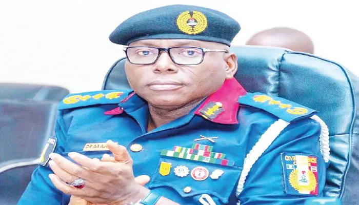 NSCDC Commandant-General Ahmed Audi seated in uniform