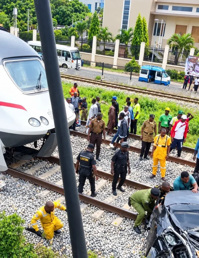 Emergency and security personnel beside a damaged car and train on railway tracks in Lagos