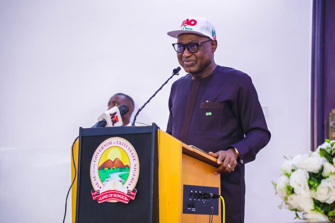 Ekiti State Governor Biodun Oyebanji speaking at a podium